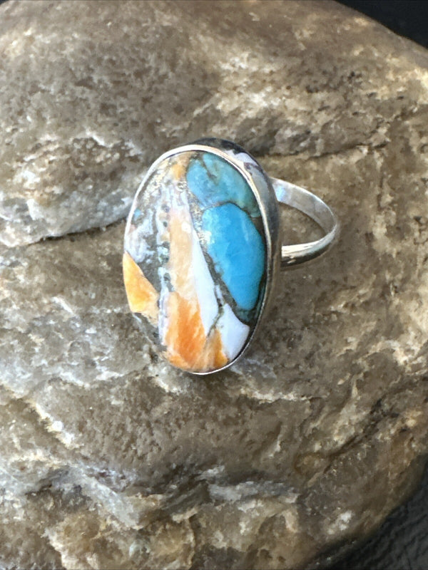 Blue Turquoise Spiny Oyster Southwestern Ring Size 8 | Sterling Silver | Authentic Native American Handmade | 18430