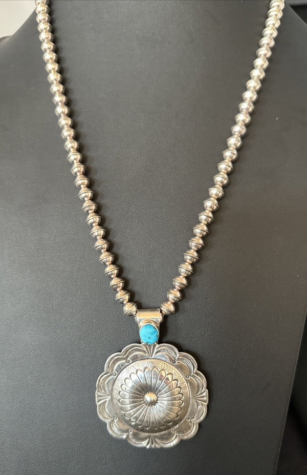 H Joe Navajo Sterling Silver Pendant Blue Kingman Turquoise Necklace 25”19443