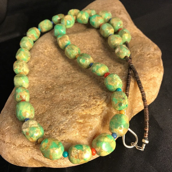 Green Turquoise 24"Necklace | Sterling Silver | Authentic Native American Handmade | 10070