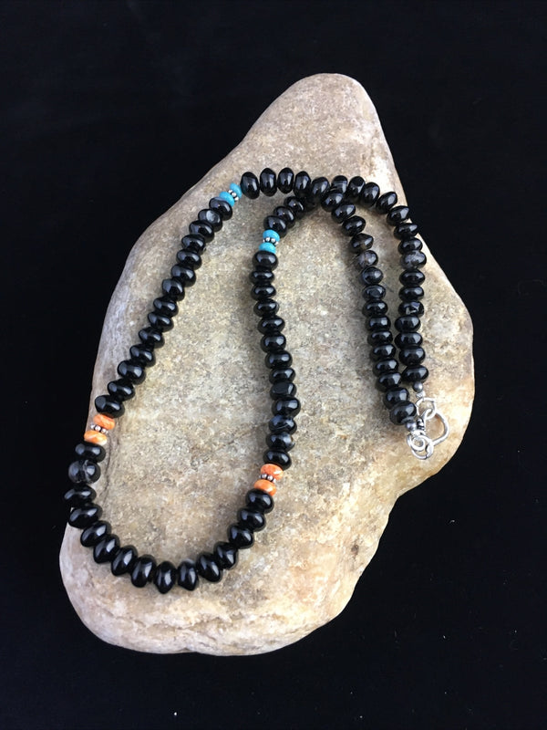 Black Onyx Turquoise Navajo Necklace 18" | Sterling Silver | Authentic Native American Handmade | 10020