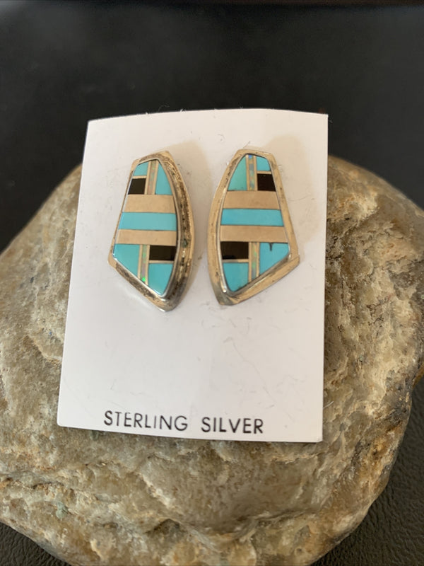 Turquoise Onyx Inlay Zuni Old Pawn Earrings | Sterling Silver | Authentic Native American Handmade | 2042