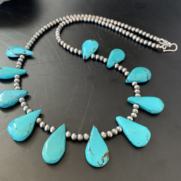 Blue Turquoise Navajo Pearls Necklace | Sterling Silver | Authentic Native American Handmade | 11480
