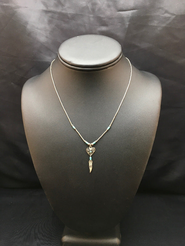 Turquoise Feather Pendant Navajo Necklace | Sterling Silver | Authentic Native American Handmade | 18059