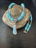 Blue Turquoise Inlay Pendant Navajo Necklace 20" | Sterling Silver | Authentic Native American Handmade | 19677