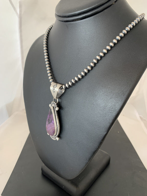 Purple Stone Pendant Navajo Pearls Necklace | Sterling Silver | Authentic Native American Handmade | 04928