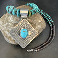Navajo Blue Turquoise Stamped Pendant Shell 29"Necklace | Sterling Silver | Authentic Native American Handmade | 19704