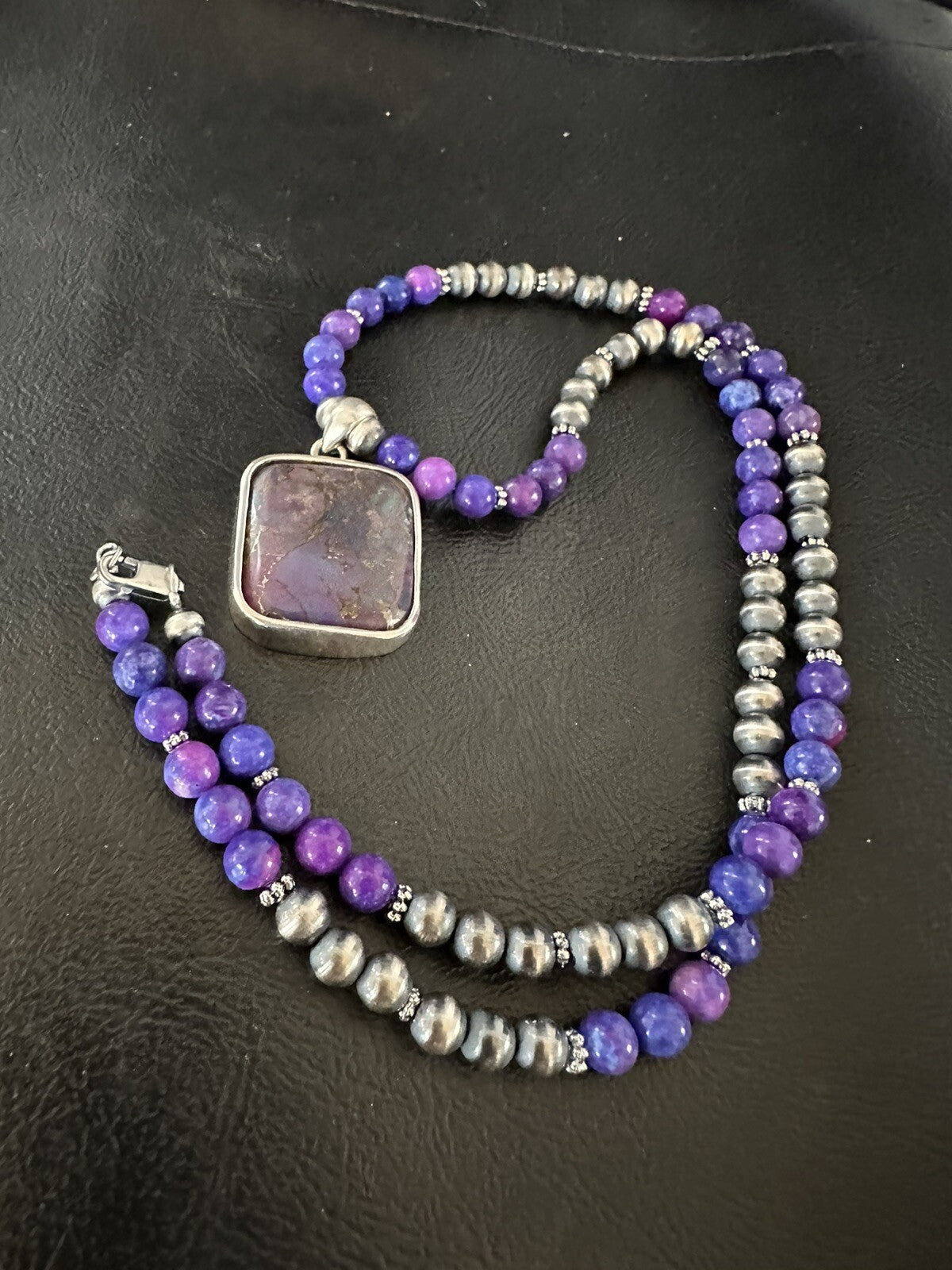 Purple Stone Turquoise Pendant Pearls Sterling Silver Necklace 18385