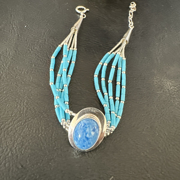 Blue Turquoise Lapis Heishi 5S Pendant Liquid Bracelet 8" | Sterling Silver | Authentic Native American Handmade | 17753