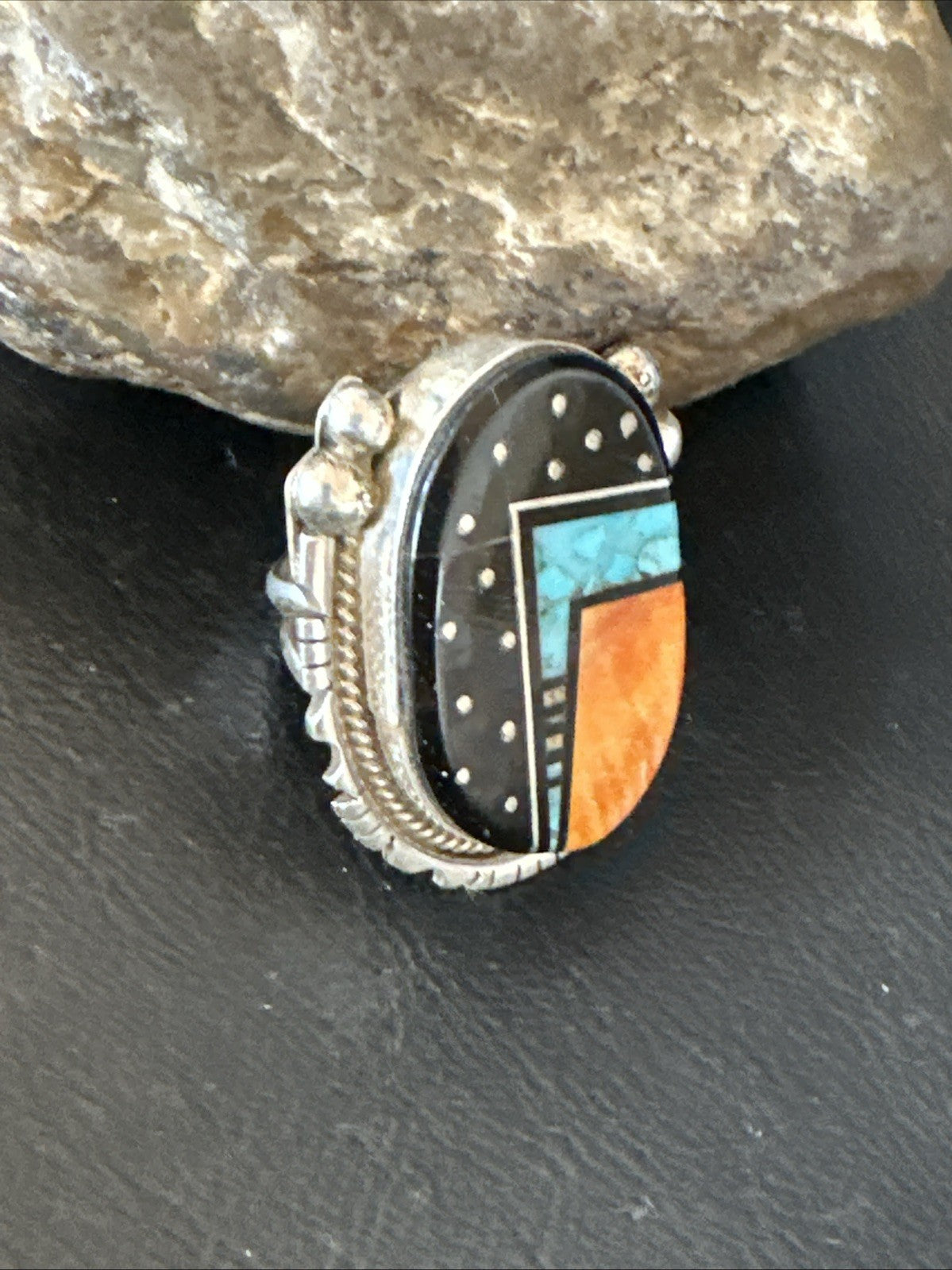 Onyx Turquoise Spiny Navajo Cosmic Inlay Sterling Silver Ring Size 9 19788
