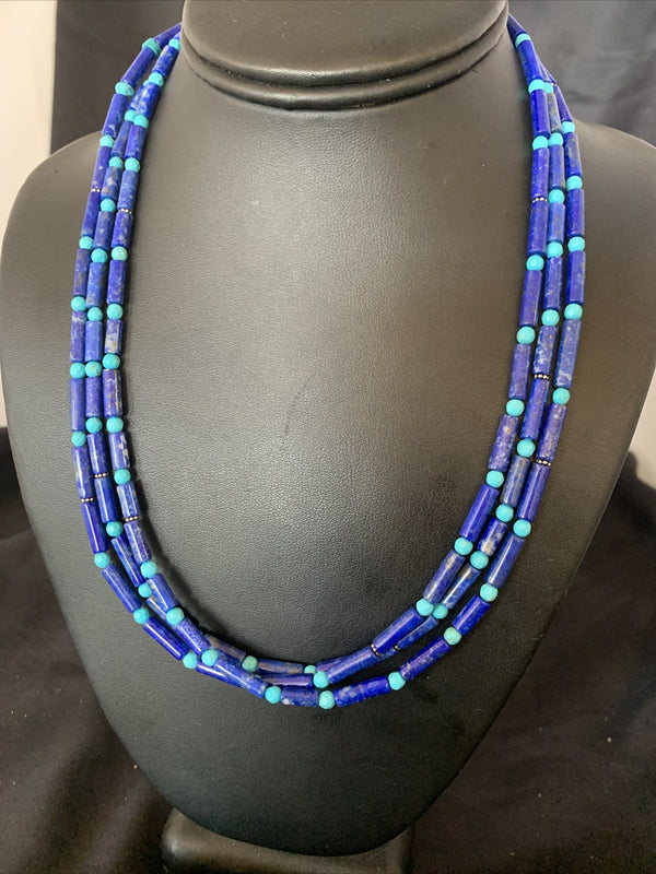 Lapis Turquoise Tube Beads 3 Strands Navajo Necklace | Sterling Silver | Authentic Native American Handmade | 12701