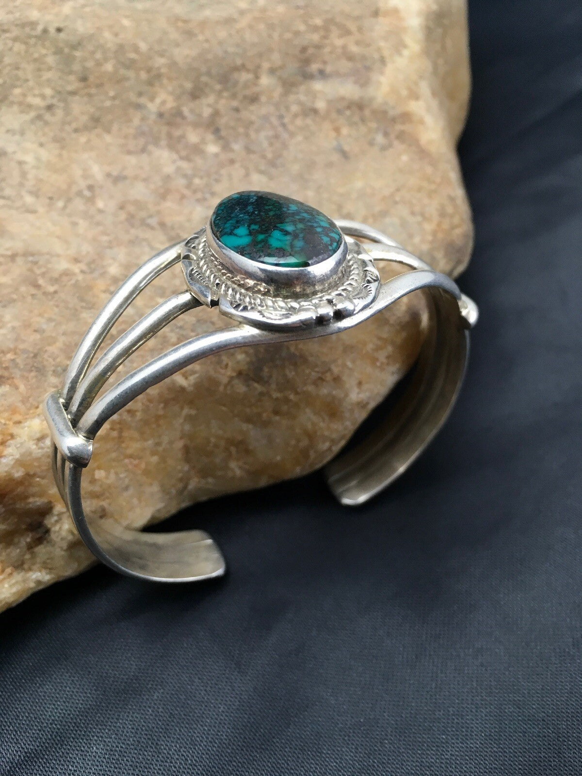 Spider Web Turquoise Navajo Indian Sterling Silver Bracelet 5" 02650