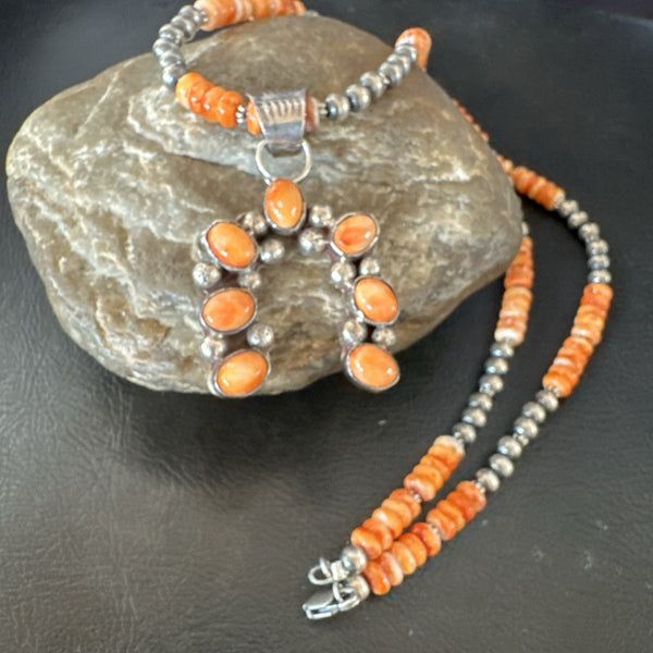 Navajo Pearls Necklace Orange Spiny Oyster Cluster Naja Pendant | Sterling Silver | Authentic Native American Handmade | 19551