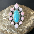 Cluster Ring Handmade Navajo Pink Conch Turquoise Sz 7 | Authentic Native American Handmade | 18789