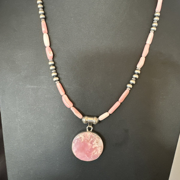 Southwestern Pink Coral Bead Necklace Quartz Pendant 24" | Sterling Silver | Authentic Native American Handmade | 19588