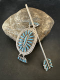A Zuni Needle Point Blue Turquoise Hand Barrette 4" | Sterling Silver | Authentic Native American Handmade | 18622