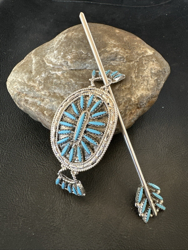 A Zuni Needle Point Blue Turquoise Hand Barrette 4" | Sterling Silver | Authentic Native American Handmade | 18622