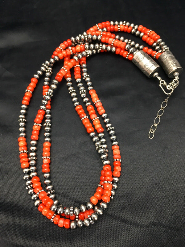 Red Coral 3 Strand Navajo Necklace | Sterling Silver | Authentic Native American Handmade | 02585