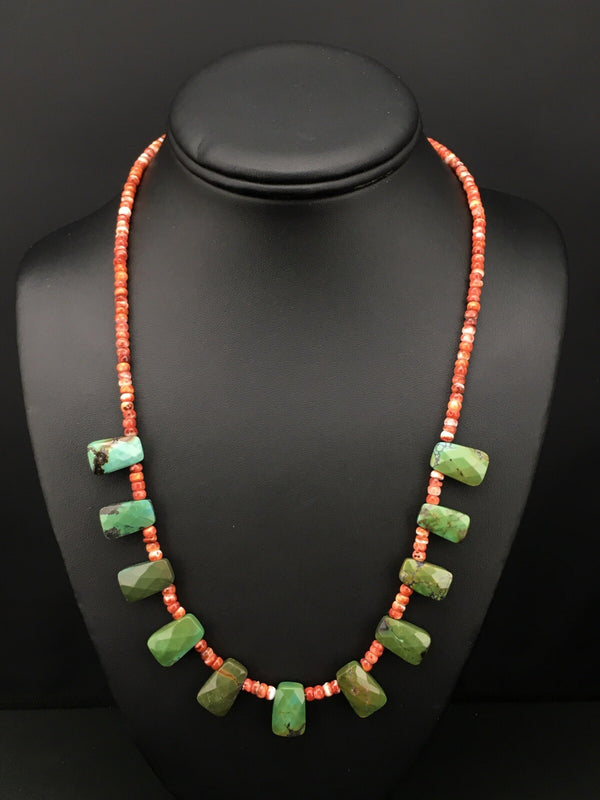 Spiny Oyster Faceted Turquoise Navajo Necklace 20" | Sterling Silver | Authentic Native American Handmade | 04917