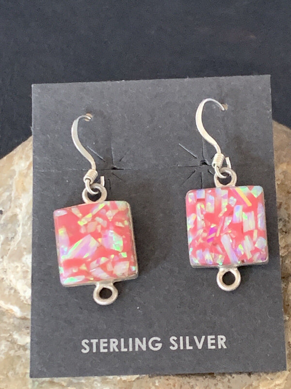 Women's Pink Opal Navajo Dangle Drop Earrings 0.5" | Sterling Silver | Authentic Native American Handmade | 12752