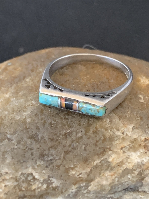 Turquoise Onyx Navajo Inlay Ring Size 6 | Sterling Silver | Authentic Native American Handmade | 11152