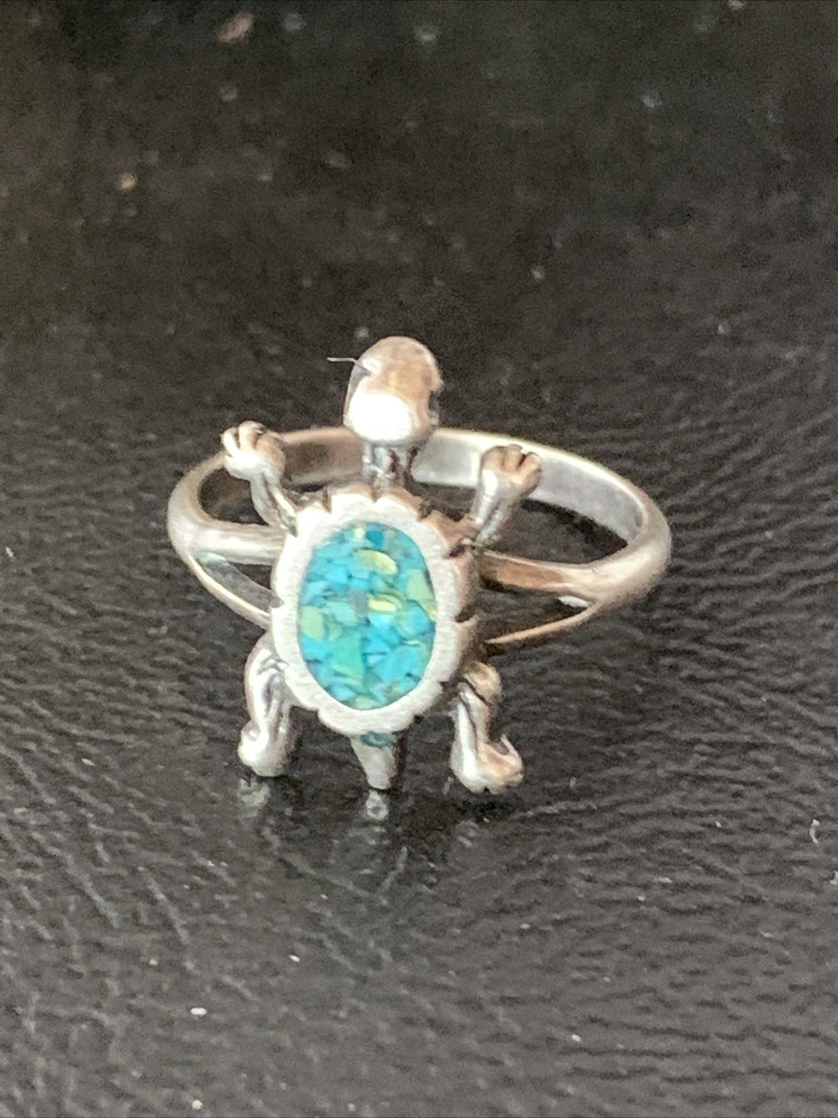 Blue Turquoise Navajo Sterling Silver Old Pawn Turtle Ring Size 4.5 10787