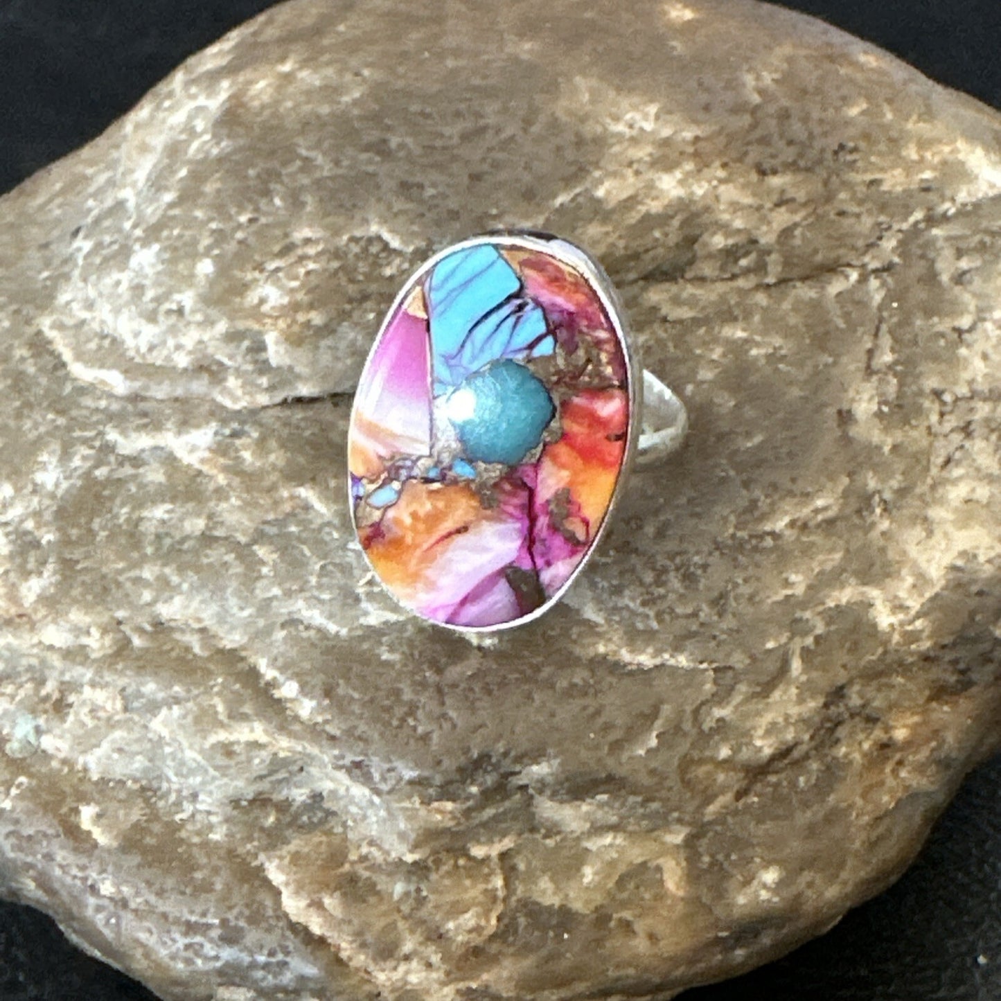 Blue Turquoise Spiny Oyster Southwestern Sterling Silver Ring Size 7 18495