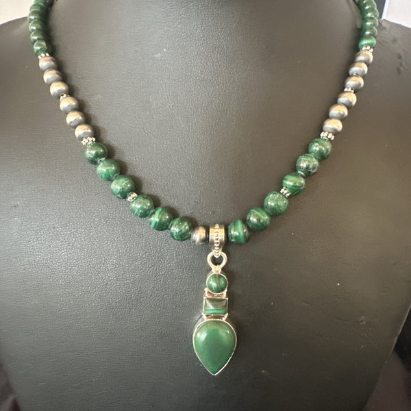 Women's Green Malachite Pendant Navajo Necklace | Sterling Silver | Authentic Native American Handmade | 18373