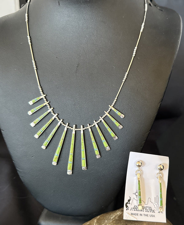 Women's Green Gaspeite Stick Pendant Necklace Earrings | Sterling Silver | Authentic Native American Handmade | 19151