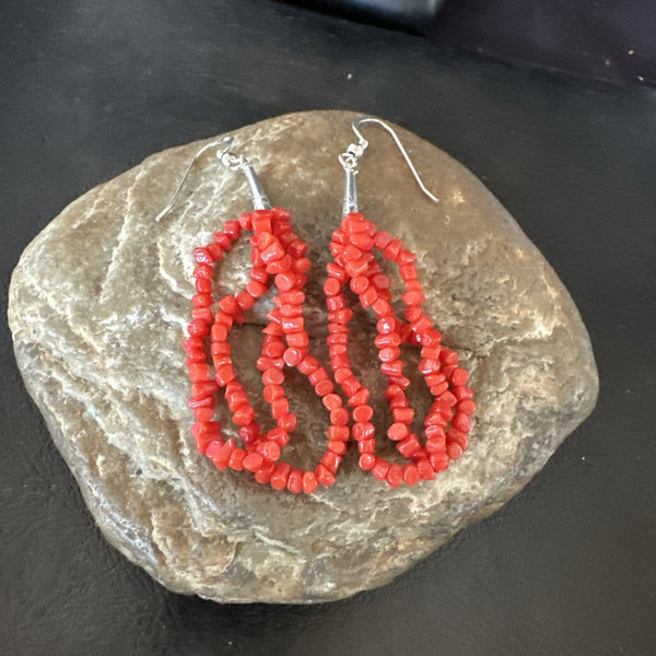 Red Real Coral Nugget Dangle 2 Strand Earrings 2" | Sterling Silver | Authentic Native American Handmade | 19347
