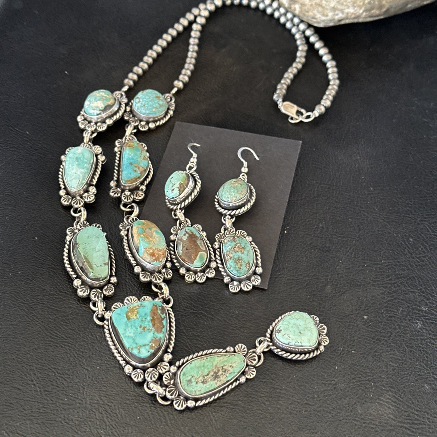 Sterling ROYSTON LARIAT Necklace 26” Women Navajo Turquoise Silver Earring 19598