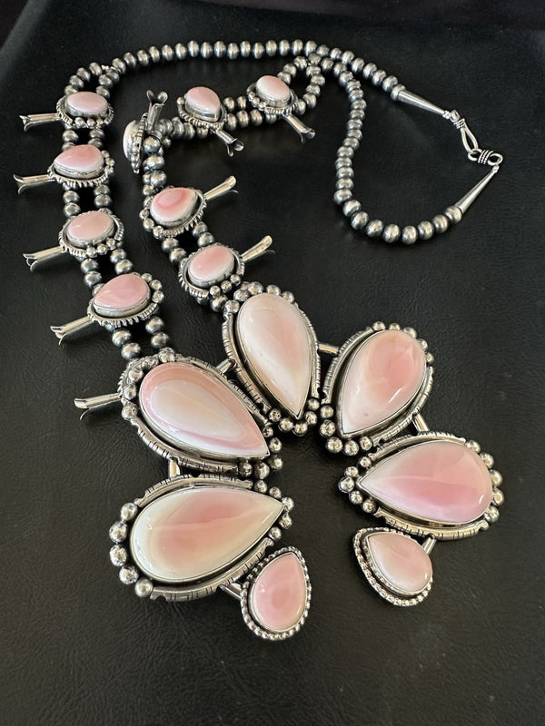 XXL Pink Queen Conch Navajo Squash Naja Necklace Earrings | Sterling Silver | Authentic Native American Handmade | 19462