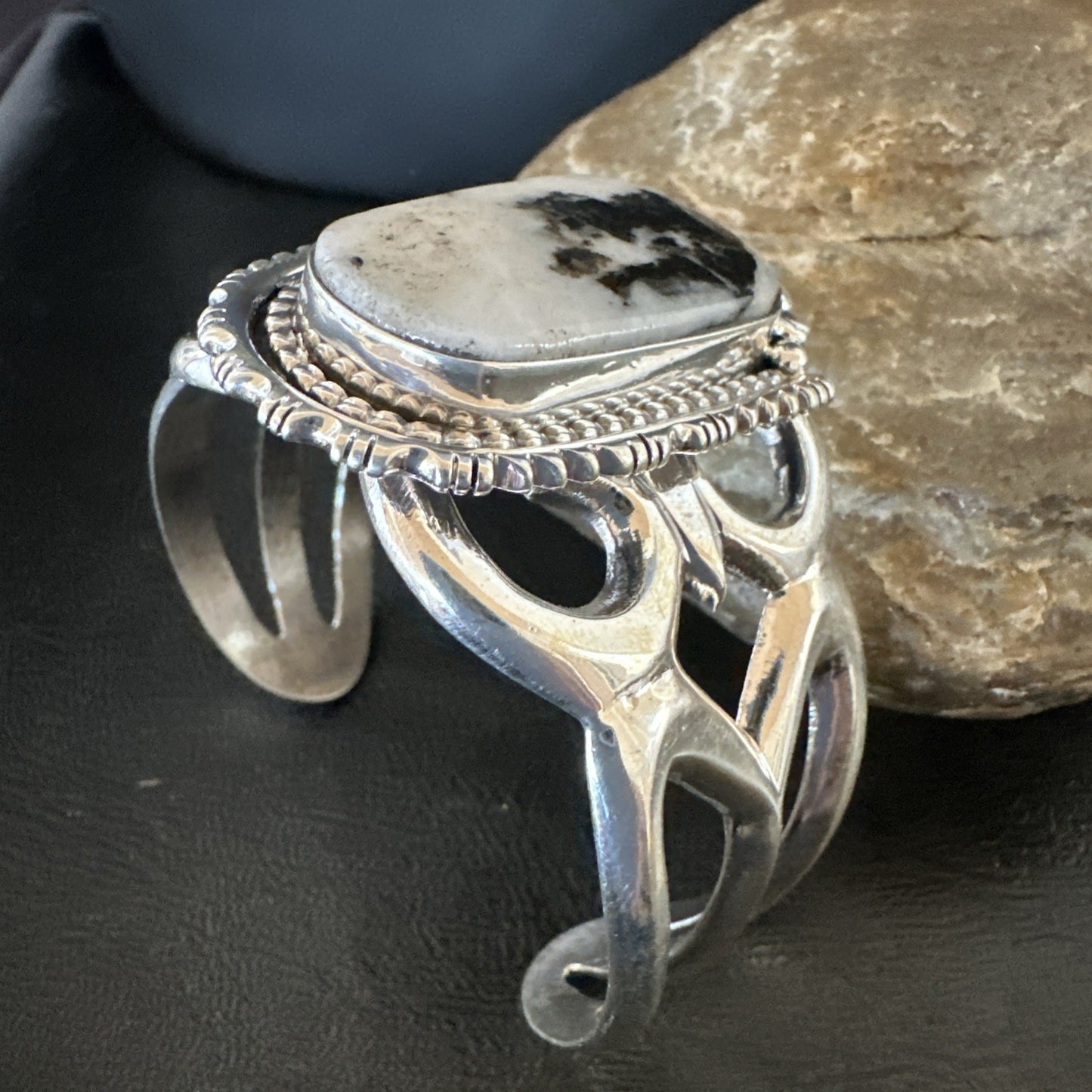 Tufa Cast Men White Buffalo Turquoise Navajo Sterling Silver Cuff Bracelet 19354