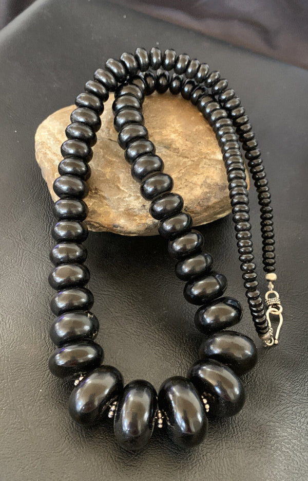 Black Jet Onyx Graduated Bead Navajo Pearls Necklace 24" | Sterling Silver | Authentic Native American Handmade | 12529