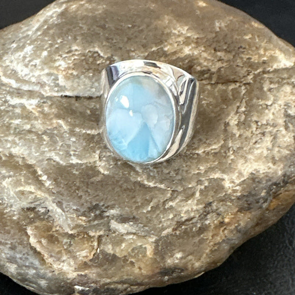 Women's Blue Larimar Navajo Ring Size 8 | Sterling Silver | Authentic Native American Handmade | 17671