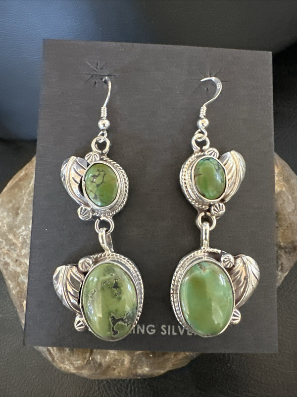 Navajo Green Turquoise Dangle Earrings 2" | Sterling Silver | Authentic Native American Handmade | 17699