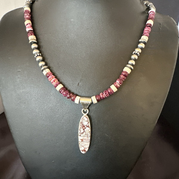 Purple Spiny Oyster Wild Horse Pendant Navajo Necklace | Sterling Silver | Authentic Native American Handmade | 17796