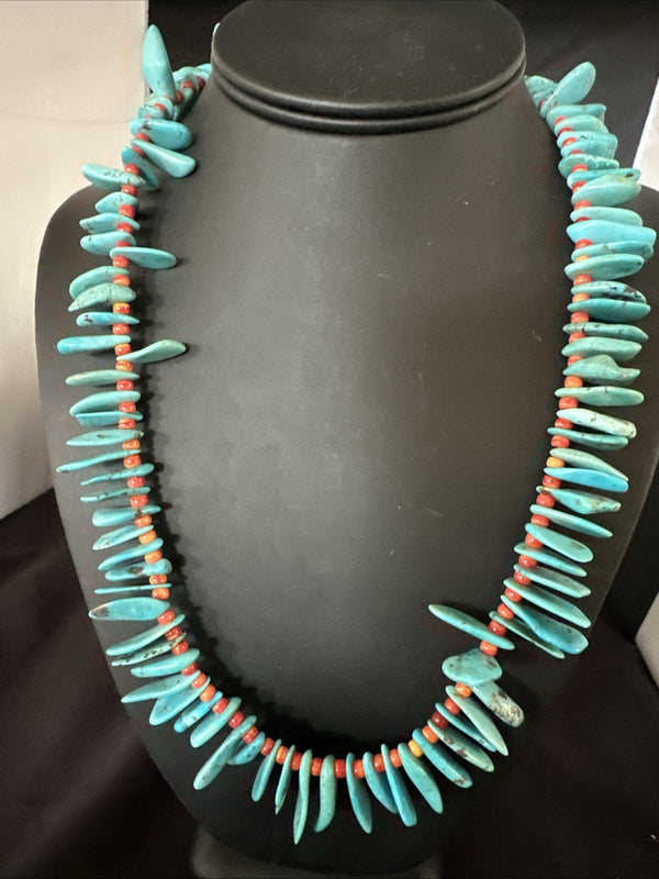 Large Blue Turquoise Red Spiny Navajo Pearls Necklace 21" | Sterling Silver | Authentic Native American Handmade | 19319