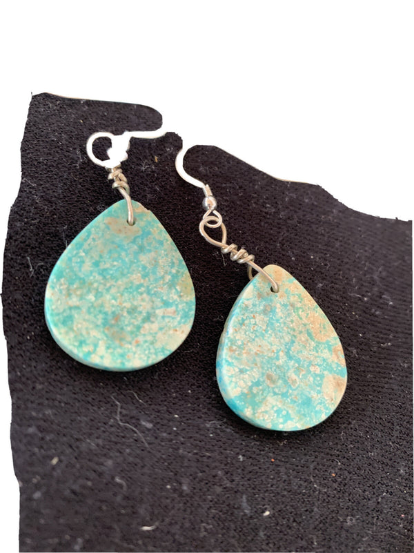 Navajo Slab Turquoise Dangle Earrings | Sterling Silver | Authentic Native American Handmade | 01357