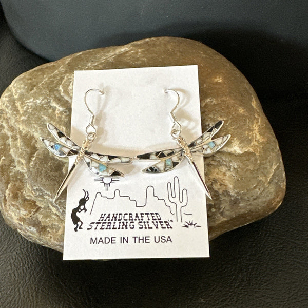 White Buffalo Turquoise Onyx Opal Navajo Inlay Earrings 1" | Sterling Silver | Authentic Native American Handmade | 18548