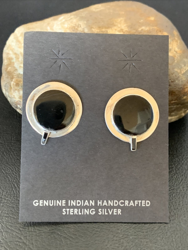Black Onyx Navajo Stud Post Earrings 0.75" | Sterling Silver | Authentic Native American Handmade | 12641