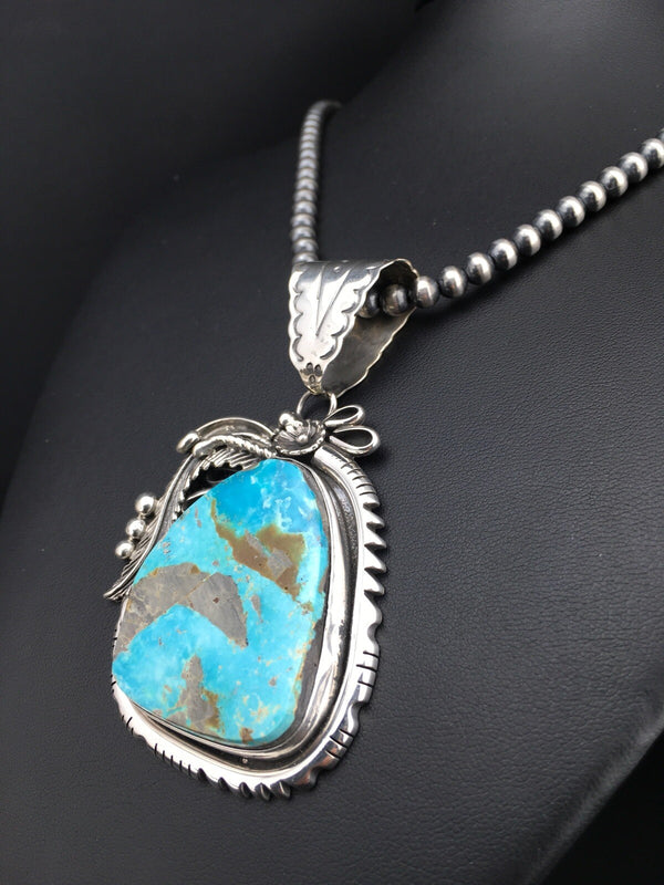 Kingman Turquoise Pendant Navajo Pearls Necklace | Sterling Silver | Authentic Native American Handmade | 04819