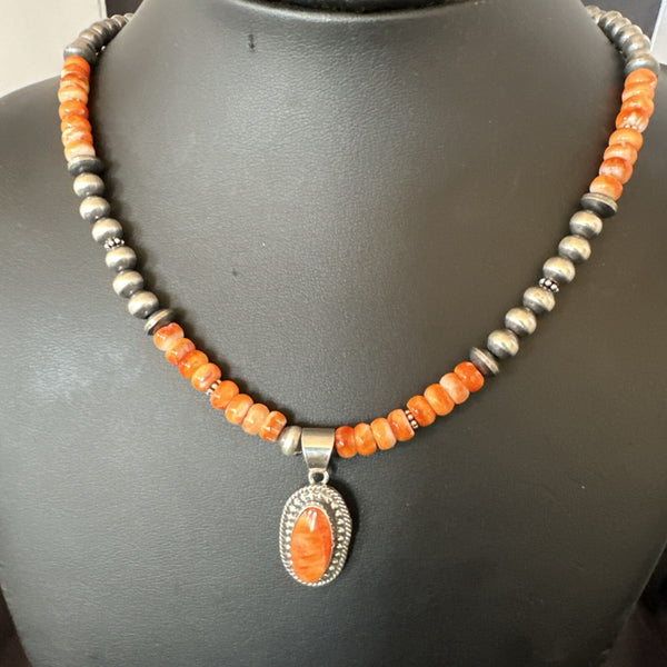 Orange Spiny Oyster Navajo Pearls Necklace Pendant | Sterling Silver | Authentic Native American Handmade | 18679