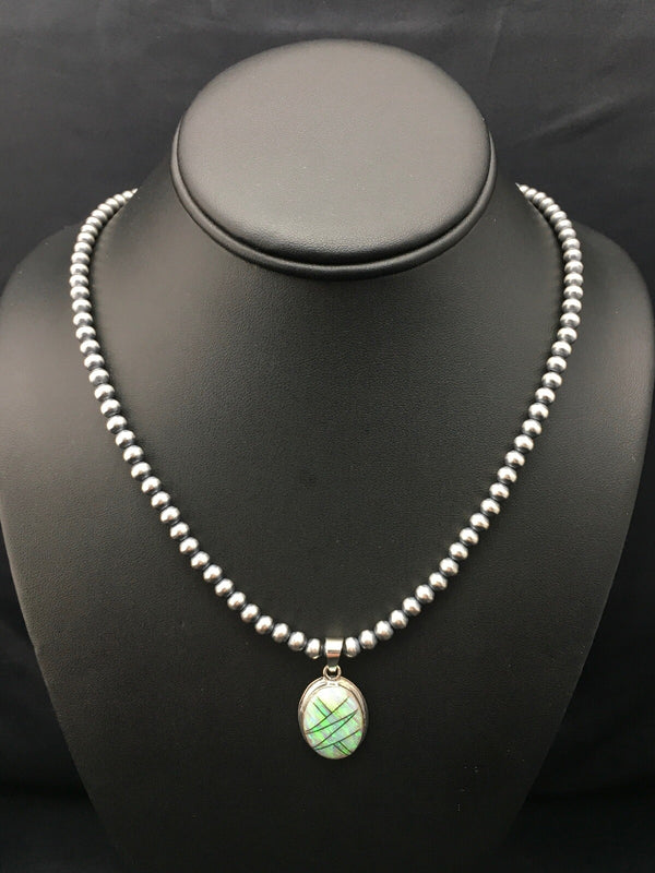 Opal Inlay Pendant Navajo Pearls Necklace | Sterling Silver | Authentic Native American Handmade | 4400