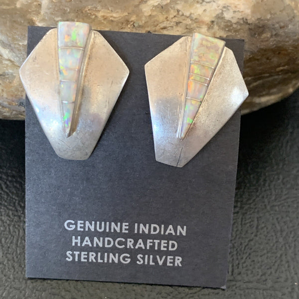 Women's White Opal Inlay Navajo Dangle Post Earrings 0.5" | Sterling Silver | Authentic Native American Handmade | 12766