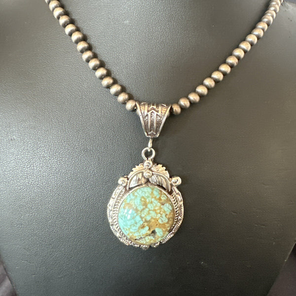 Men's Blue Turquoise#8 Pendant Navajo Necklace | Sterling Silver | Authentic Native American Handmade | 18073