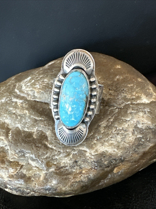 Women's Blue Kingman Turquoise Navajo Adjustable Ring Sz 8 | Sterling Silver | Authentic Native American Handmade | 19421