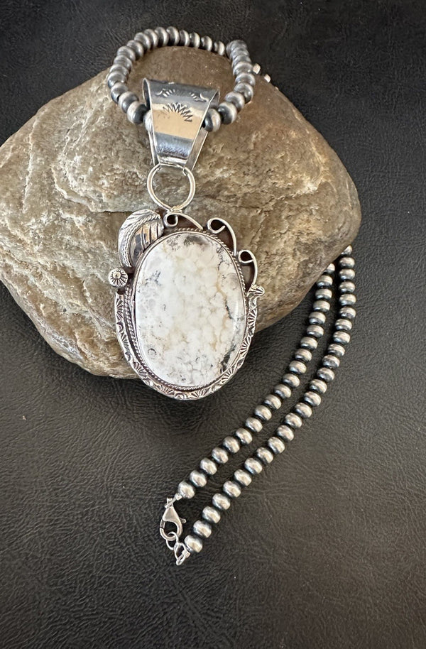 White Buffalo Turquoise Pendant Navajo Pearls Necklace | Sterling Silver | Authentic Native American Handmade | 19377