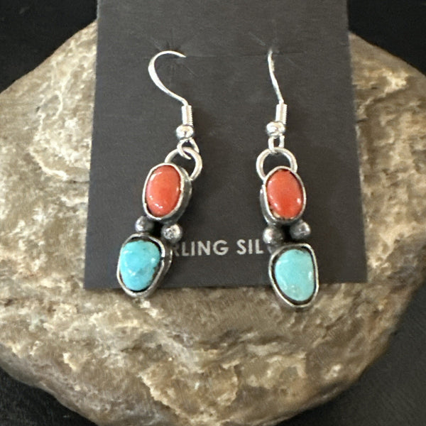 Handmade Blue Turquoise Red Coral Navajo Dangle Earrings | Sterling Silver | Authentic Native American Handmade | 18846
