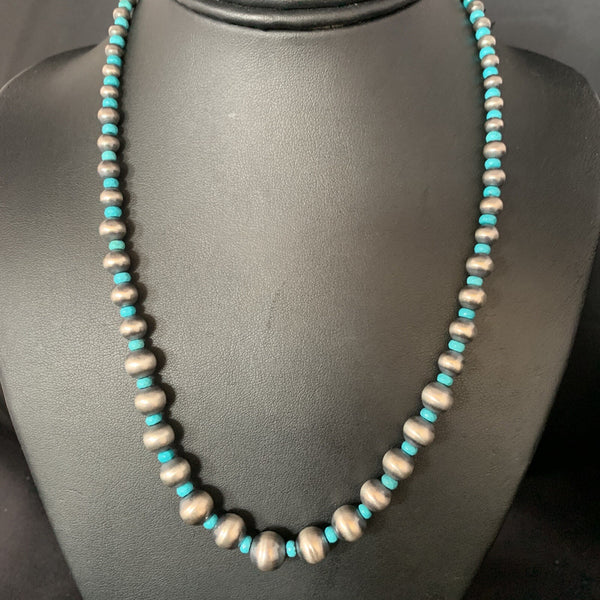 Navajo Pearls Graduated Blue Turquoise Bead Necklace 16" | Sterling Silver | Authentic Native American Handmade | 96116