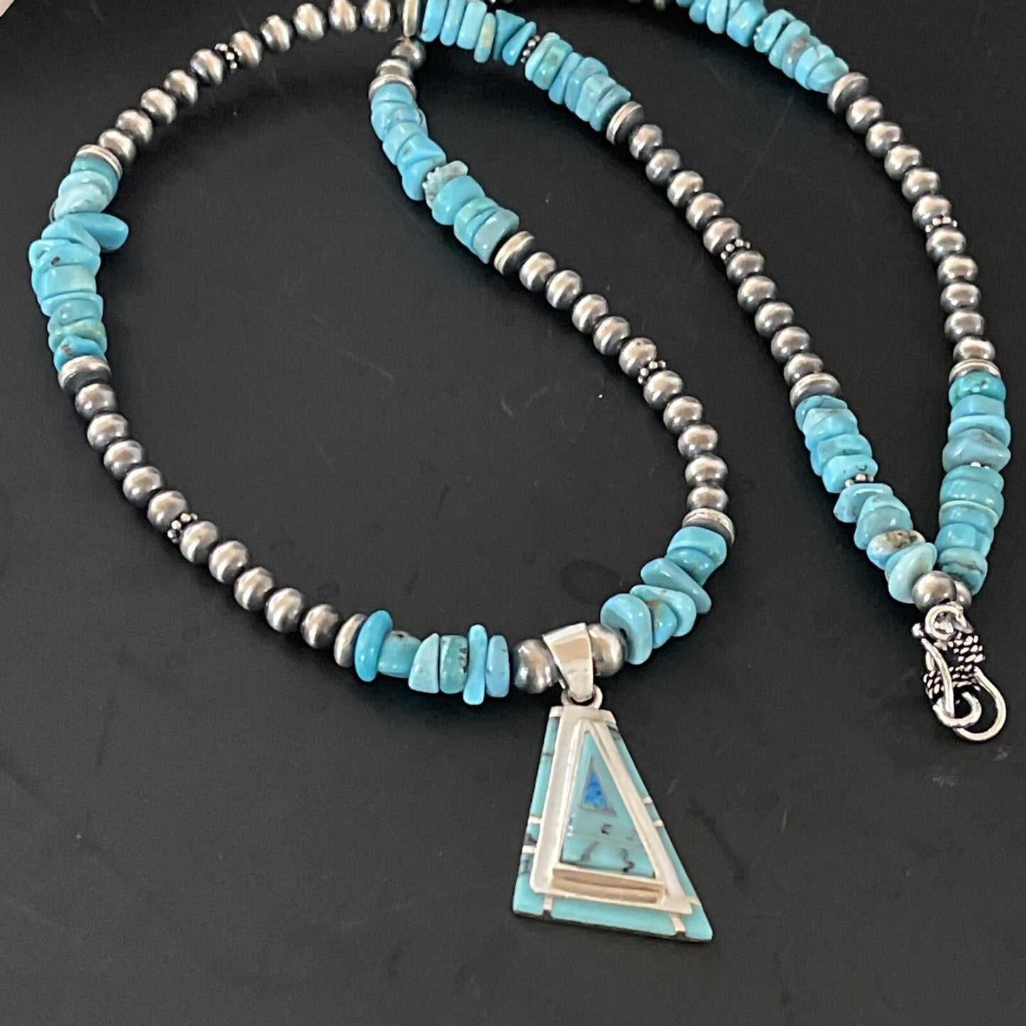 Turquoise & Opal Inlay Pendant Navajo Pearls Sterling Silver Necklace 11330
